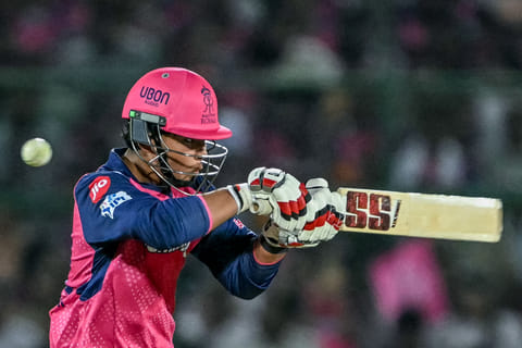 Rajasthan Royals' Vaibhav Suryavanshi plays a shot during the Indian Premier League match against Gujarat Titans in Jaipur on April 28, 2025.