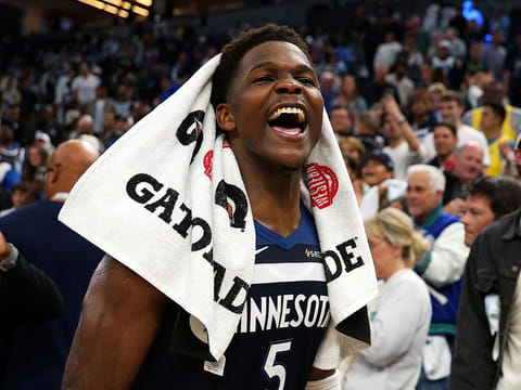 Anthony Edwards #5 of the Minnesota Timberwolves celebrates the win against the Los Angeles Lakers.