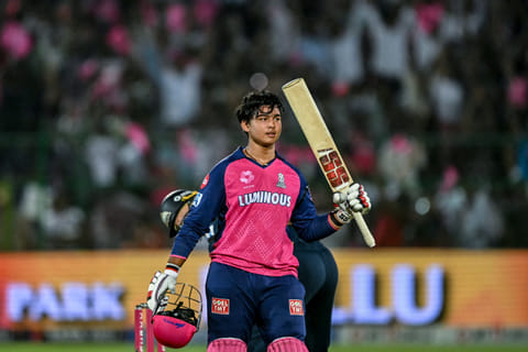 Rajasthan Royals' Vaibhav Suryavanshi celebrates after scoring a century during the Indian Premier League (IPL) Twenty20 cricket match against Gujarat Titans at the Sawai Mansingh Stadium in Jaipur on April 28.