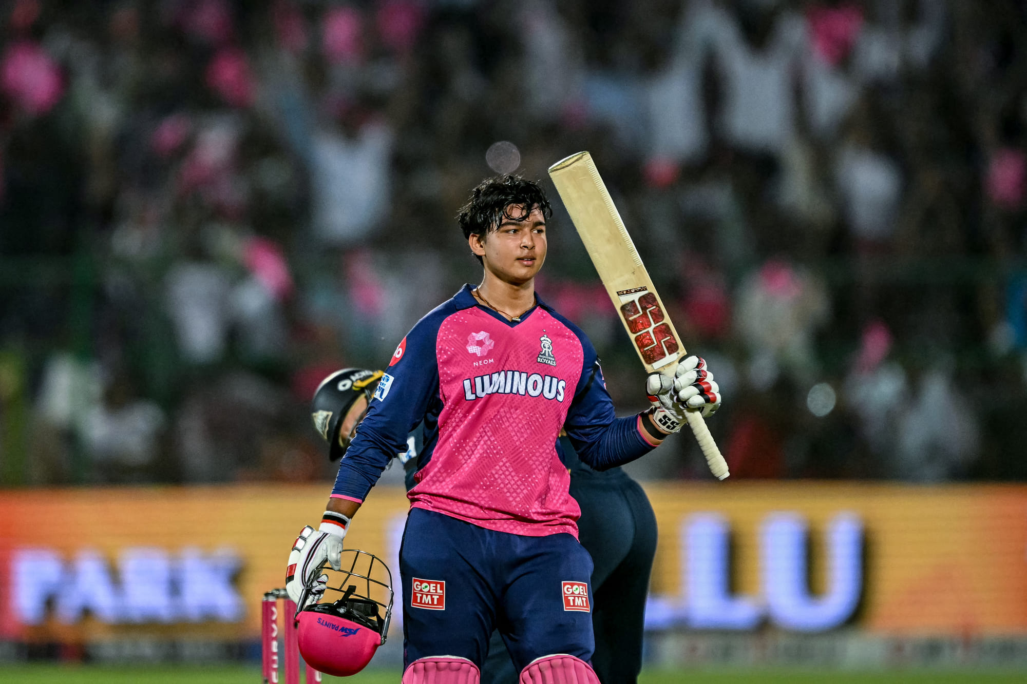 Rajasthan Royals' Vaibhav Suryavanshi celebrates after scoring a century during the Indian Premier League (IPL) Twenty20 cricket match against Gujarat Titans at the Sawai Mansingh Stadium in Jaipur on April 28.