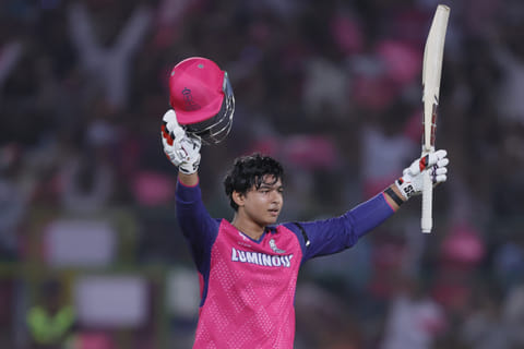Rajasthan Royals' opener Vaibhav Suryavanshi celebrates after scoring his century in Indian Premier League Season 18 match against Gujarat Titans in Jaipur on Monday.