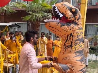 Bride in dinosaur costume brings laughter and joy to pre-wedding ceremony