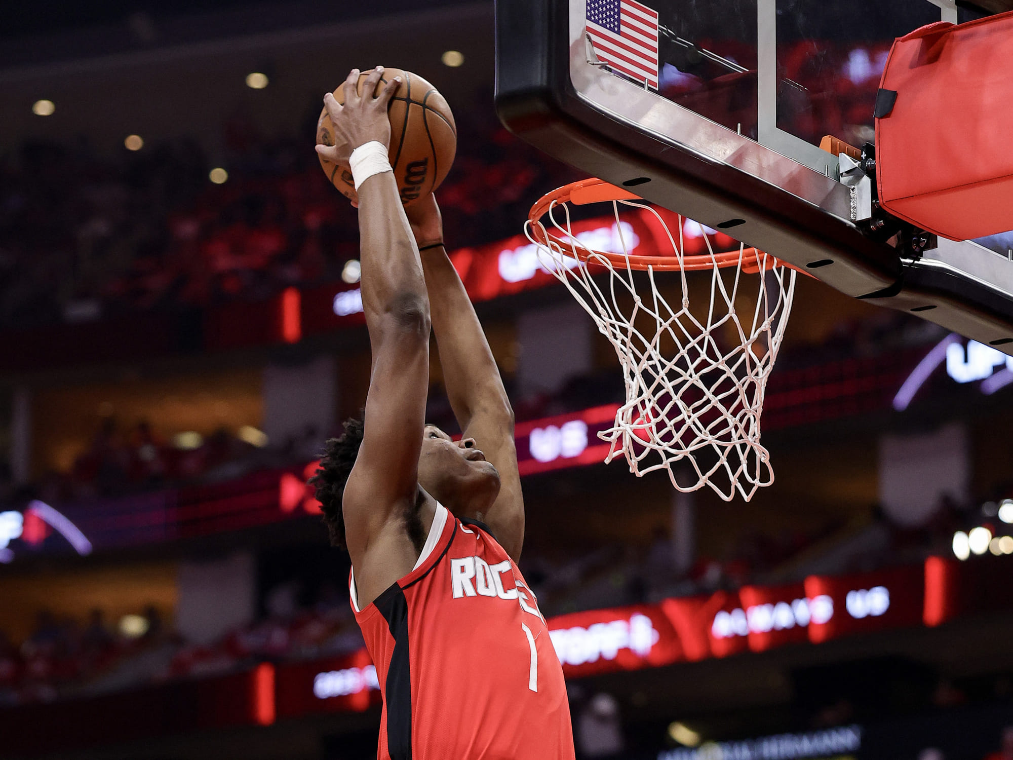 Amen Thompson of the Houston Rockets dunks the ball against the Golden State Warriors during the second quarter in Game Five of the Western Conference First Round NBA Playoffs.