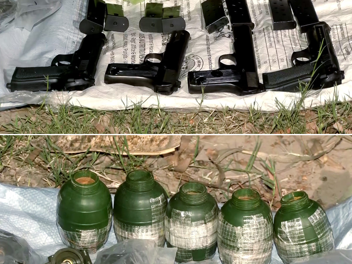 Border Security Force and Punjab Police recover grenades, pistols and detonators in the fields of Bala Chak village, in Amritsar on Friday, April 25, 2025.