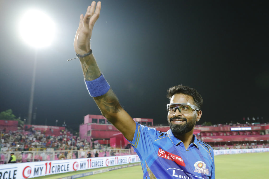 Hardik Pandya of Mumbai Indians celebrating his team's win against Rajasthan Royals in the Indian Premier League Season 18 in Jaipur on Thursday.