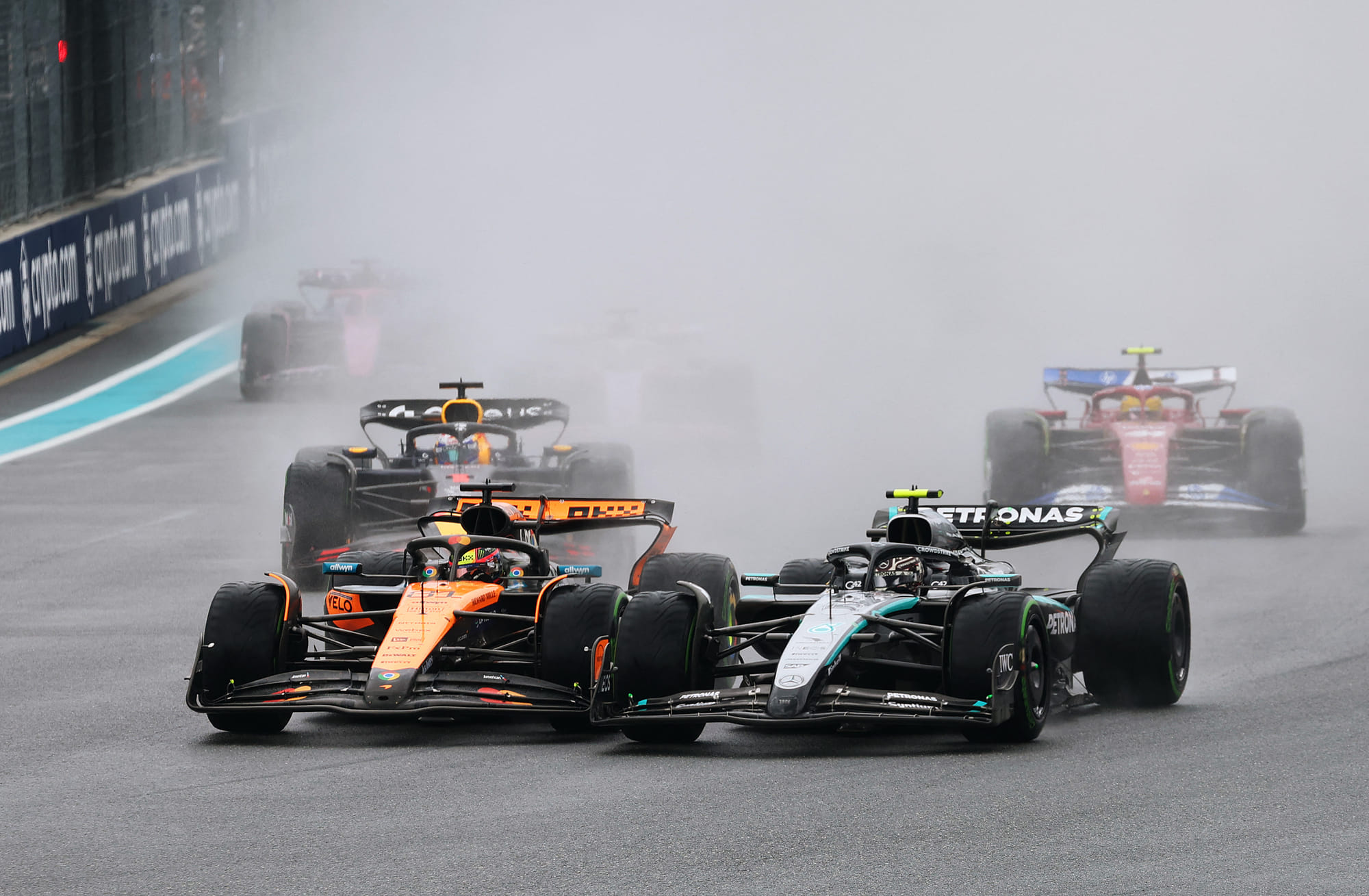 Oscar Piastri of Australia driving the (81) McLaren MCL39 Mercedes and Andrea Kimi Antonelli of Italy driving the (12) Mercedes AMG Petronas F1 Team W16 battle for track position at the start during the Sprint ahead of the F1 Grand Prix of Miami at Miami International Autodrome on May 03 in Miami, Florida.