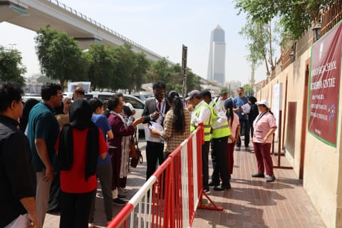 Students had to go through different levels of security checks. Seen here are candidates who sat for NEET-UG 2025 along with their parents and school employees on exam duty at The Indian High School, Oud Metha in Dubai on Sunday