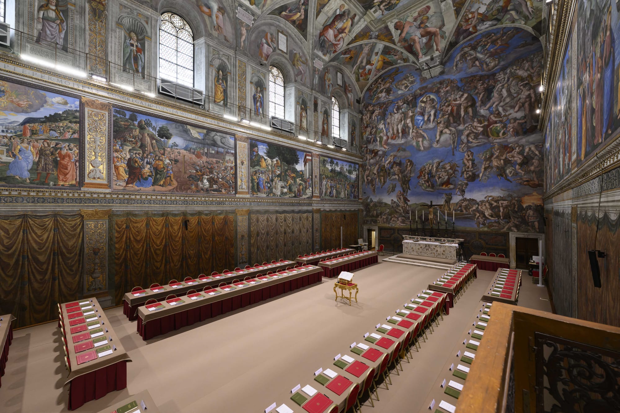 This photo taken and handout on May 6, 2025 by The Vatican Media shows the Sistine Chapel on the eve of the conclave in The Vatican.