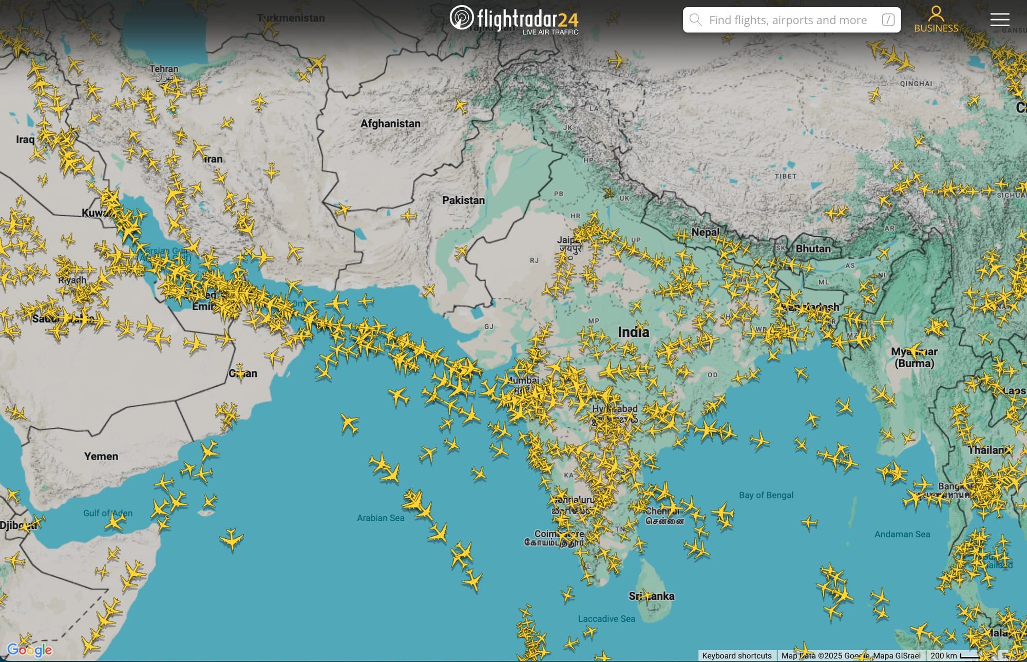 A snapshot of airborne traffic over India and Pakistan as of 08.50 UTC from Flightradar24.
