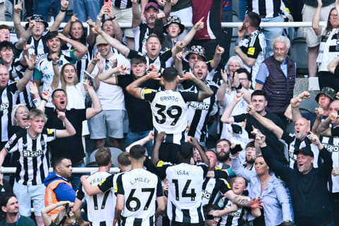 Newcastle United's Brazilian midfielder Bruno Guimaraes celebrates after scoring his team second goal during the English Premier League football match against Chelsea at St James' Park in Newcastle-upon-Tyne, north east England on May 11.