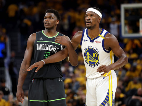 Anthony Edwards #5 of the Minnesota Timberwolves and Jimmy Butler III #10 of the Golden State Warriors look on during the fourth quarter in Game Three of the Western Conference Second Round NBA Playoffs at Chase Center on May 10, 2025 in San Francisco, California.