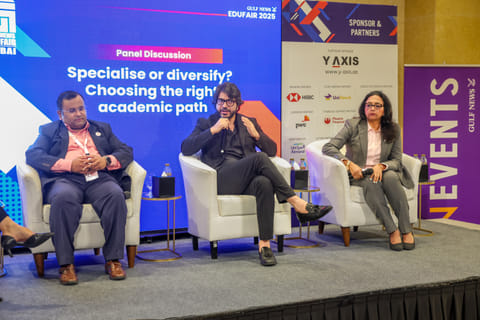 Santosh Gopalkrishnan, Head of Academics, Symbiosis International University, Dubai, Dr Sartaj Rasool, Associate Professor and Head, Department of Management Studies, BITS Pilani Dubai Campus, and Dr Vidya Nandagopal, Director, Center for Executive Development at University of Dubai, speaking at Gulf News Edufair
