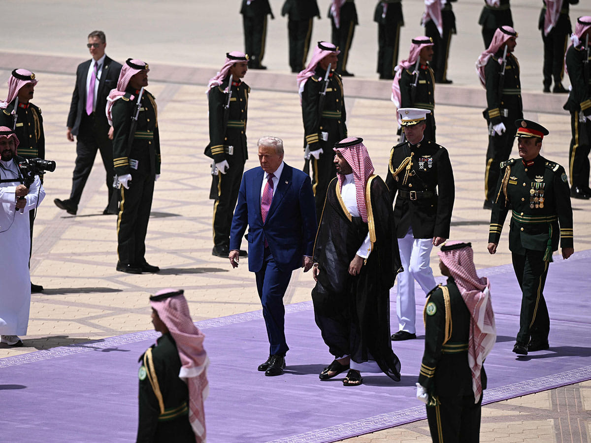 Lavender carpet welcome: Saudi Crown Prince Mohammed bin Salman with US President Donald Trump upon his arrival in Riyadh on May 13, 2025.  