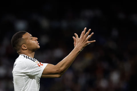 Real Madrid's French forward #09 Kylian Mbappe reacts after a missed chance during the Spanish league football match between Real Madrid CF and RCD Mallorca at the Santiago Bernabeu Stadium in Madrid, on May 14, 2025.