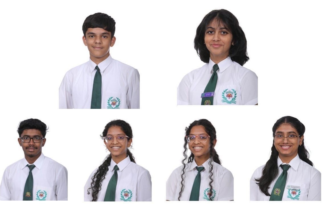 From top left to bottom right, Jashanpreet Singh (School Topper -97.8 %), Shreya Shyam Menon (Second Position 97.6 %), Arshad Babu, Thiksha Sudharshini Suresh Kumar, Thaksha Sudharshini Suresh Kumar and Dhievya Parameswaran (Third Position 97.4 %)