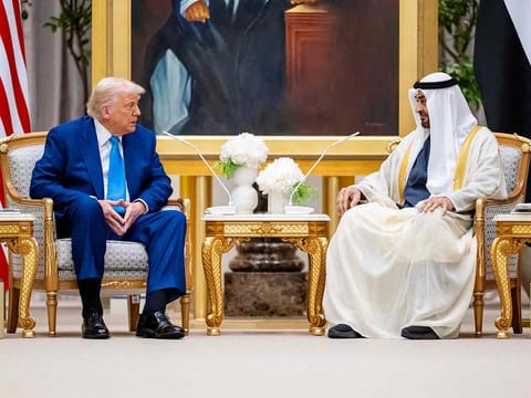 His Highness President Sheikh Mohamed bin Zayed Al Nahyan meets with US President Donald Trump, during a state visit reception at Qasr Al Watan. 