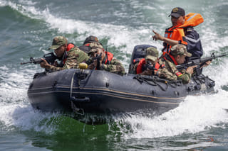 Members of Morocco's military simulate securing the port upon the arrival of a suspect vessel during the counter-weapons of mass destruction (C-WMD) exercise within the joint multinational African Lion 2025 (AL25) war games in Agadir on Morocco's Atlantic coast. File photo taken on May 20, 2025.