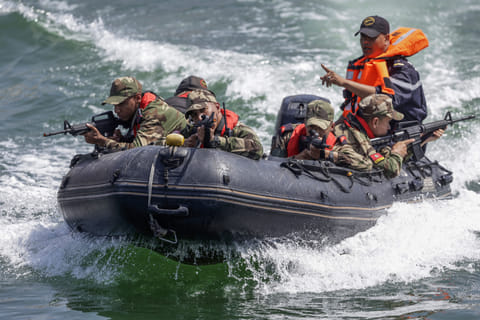 Members of Morocco's military simulate securing the port upon the arrival of a suspect vessel during the counter-weapons of mass destruction (C-WMD) exercise within the joint multinational African Lion 2025 (AL25) war games in Agadir on Morocco's Atlantic coast. File photo taken on May 20, 2025.