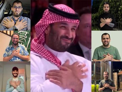 Prince Mohammed places both hands on his chest — a traditional gesture of respect and appreciation as he thanked Trump. 