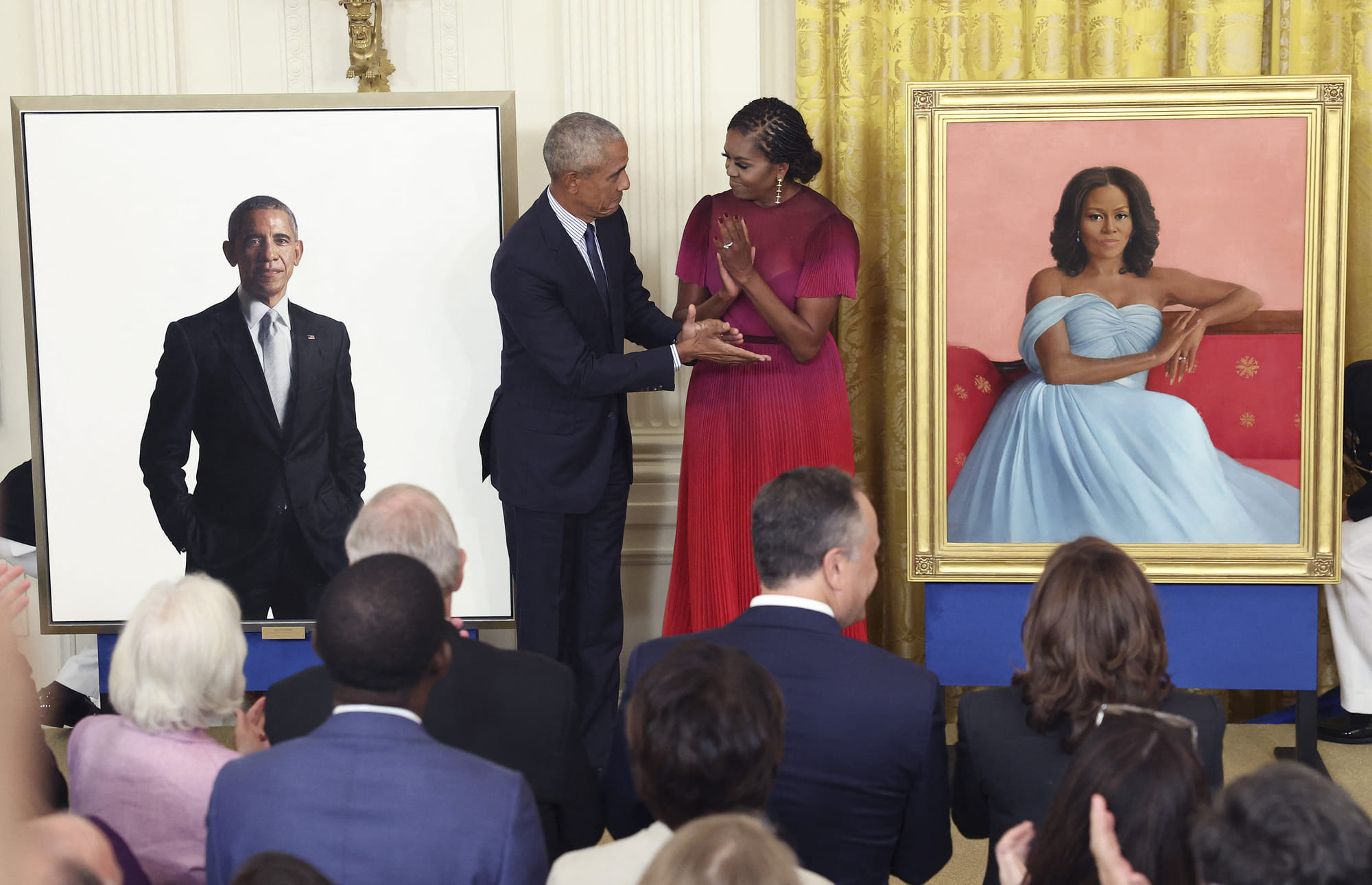 Former U.S. President Barack Obama and former first lady Michelle Obama unveil their official White House portraits during a ceremony at the White House on September 7, 2022 in Washington, DC. 