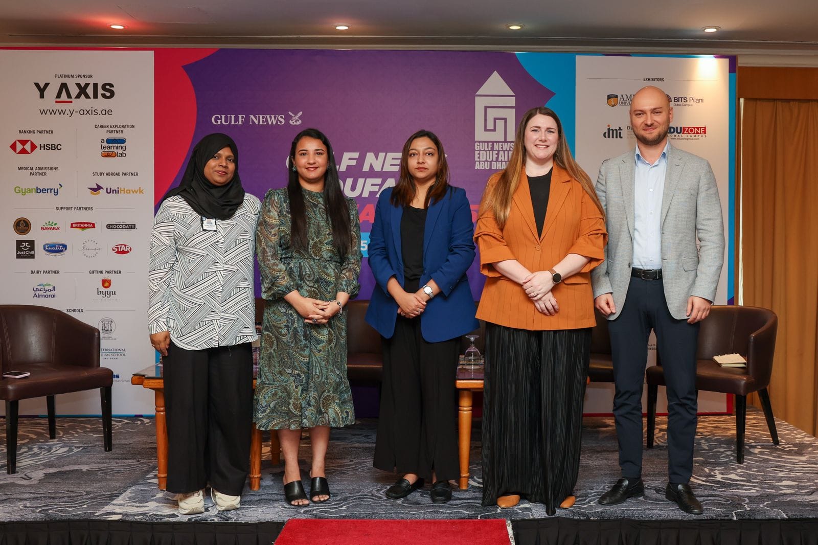 Reshma Ibrahim Belma Kankoor, CU Guidance Counsellor, Asian International Private School, Al Dhannah City, Ariba Rao, School Counsellor, GEMS United Indian School, Aneeta Sumin Joy, School counsellor, International Indian School, Abu Dhabi, Kylee Ann Schnitzer, English Instructor cum University Essay Coach, Score Plus Education, and Andy Awad, Deputy Director, SABIS Regional Centre UAE during a panel discussion on the first day of GN Edufair Abu Dhabi on Saturday. 


