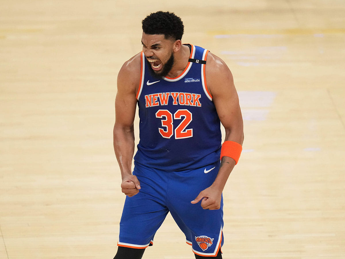 New York Knicks center Karl-Anthony Towns (32) reacts after scoring against the Indiana Pacers during the second half of Game 3 of the Eastern Conference finals of the NBA basketball playoffs.