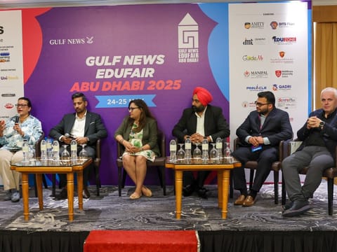 Seema Krishna, Tejas Labhshetwar, Shivani Kumar, Gagandeep Singh, Muhammad Zaid Qadri, and Agron Hoxha, during a panel discussion at the Gulf News Edufair Abu Dhabi.  