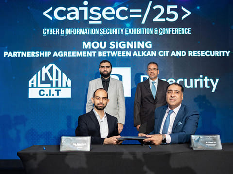 Seated from left to right: Ahmad Halabi, Managing Director of Resecurity; Eng. Ahmed Galal, CEO of Alkan CIT