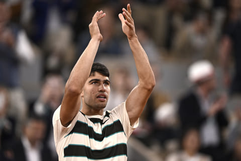 Spain's Carlos Alcaraz celebrates after winning against Hungary's Fabian Marozsan at the Roland-Garros Complex in Paris on Wednesday.