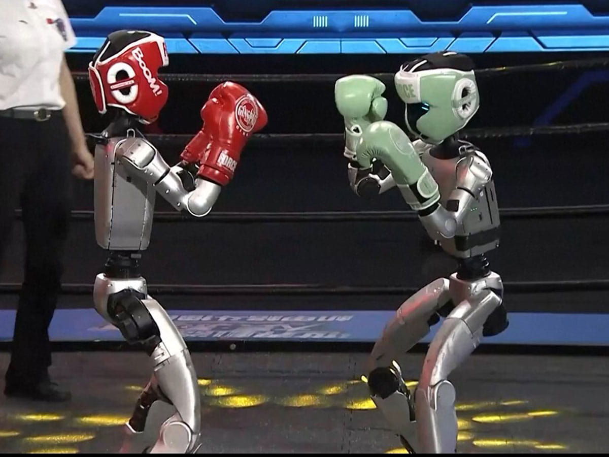 Robots involved in a boxing bout in Hangzhou, China.