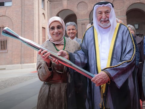 His Highness Dr Sheikh Sultan bin Mohammed Al Qasimi and Sheikha Jawaher bint Mohammed Al Qasim during the ceremony in Milan.