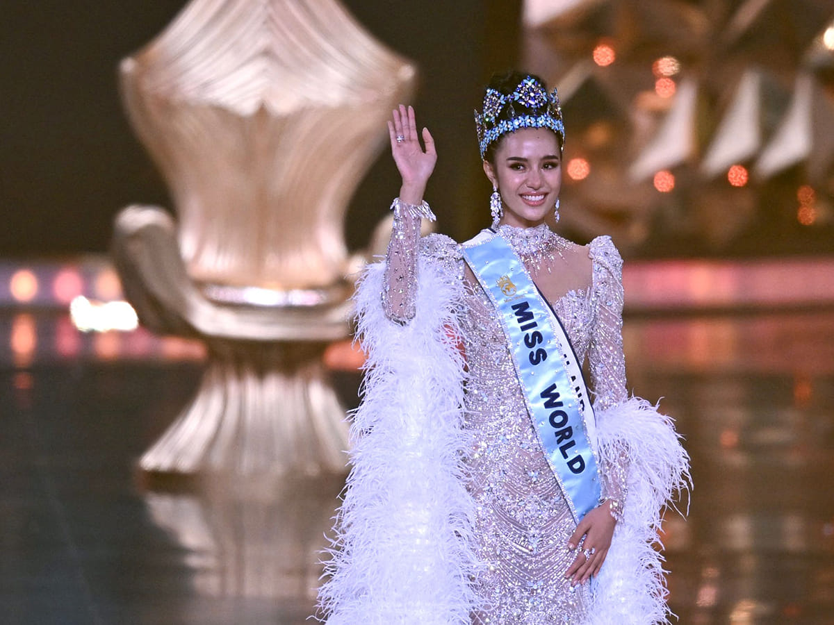 Thailand’s Opal Suchata Chuangsri celebrates after winning the 72th Miss World 2025 pageant at the HITEX Exhibition Centre in Hyderabad on May 31, 2025. 