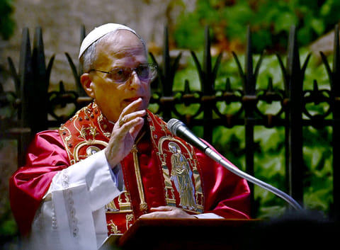 Pope Leo XIV delivers his blessing as he presides over the celebration of the conclusion of the Marian month of May, with a thanksgiving prayer and reflections on the Mother of God, at the Vatican on May 31, 2025.
