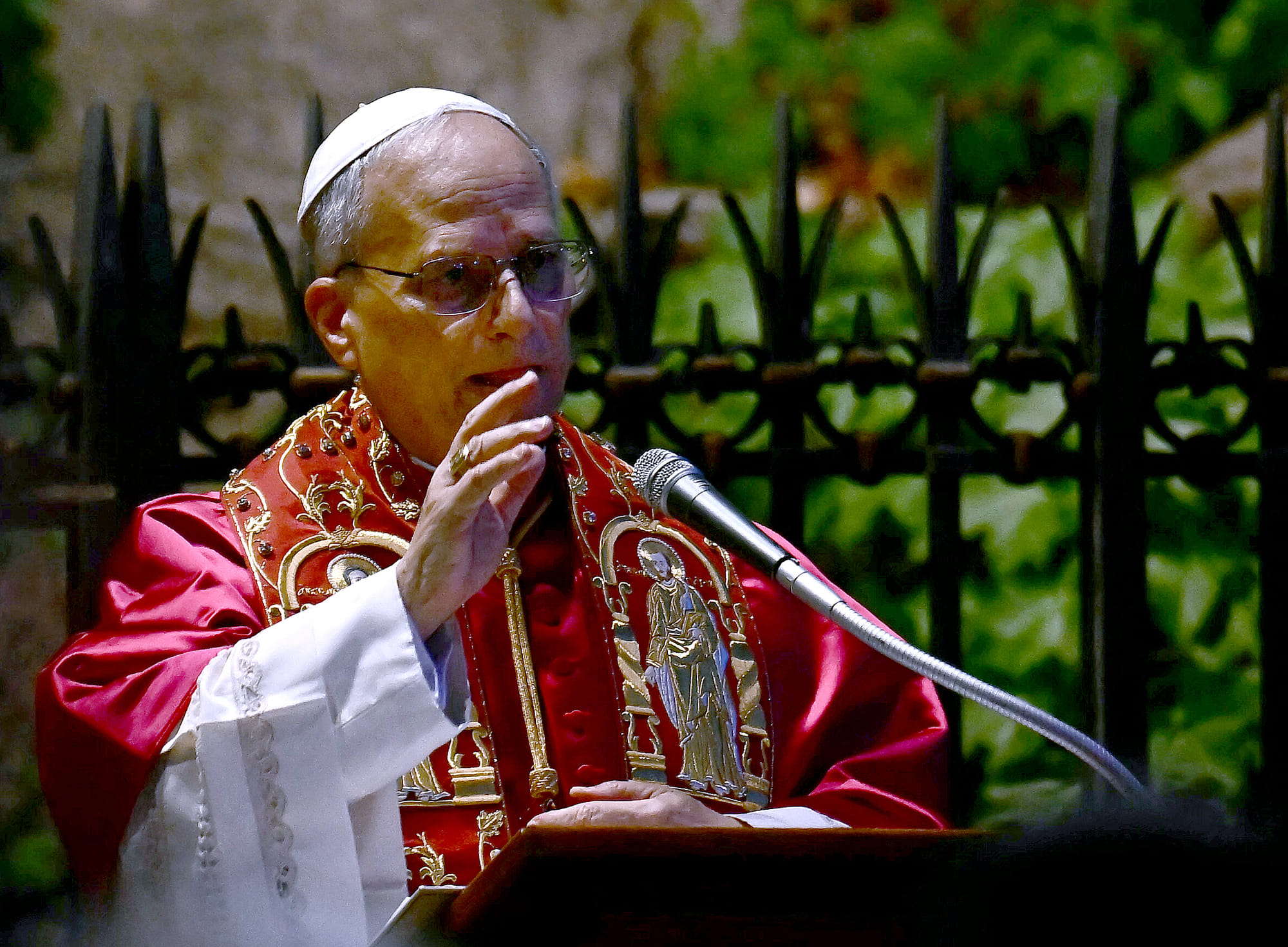 Pope Leo XIV delivers his blessing as he presides over the celebration of the conclusion of the Marian month of May, with a thanksgiving prayer and reflections on the Mother of God, at the Vatican on May 31, 2025.