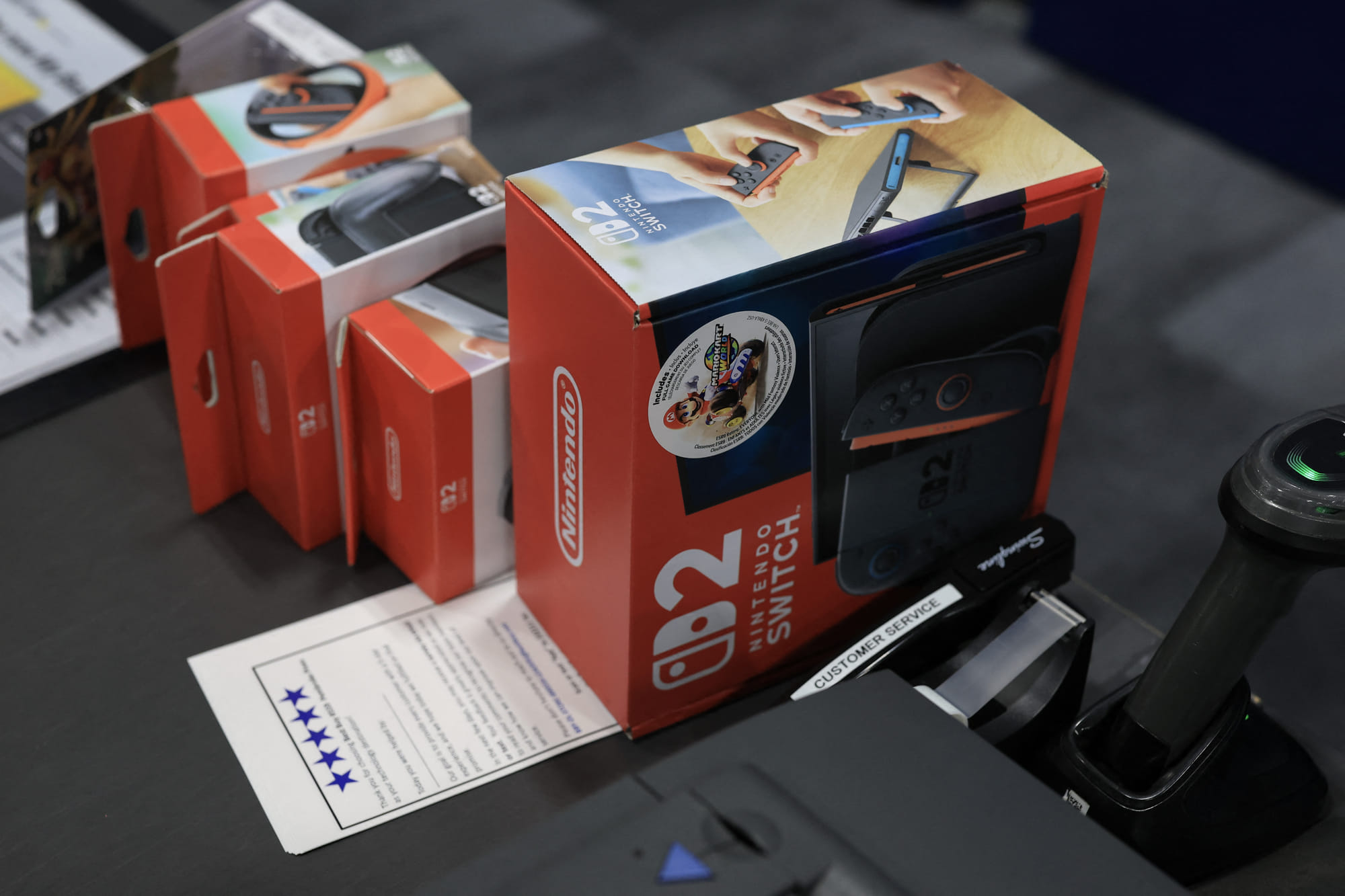 Nintendo's Switch 2 consoles in boxes at a midnight opening of a Best Buy store on June 05, 2025 in Pembroke Pines, Florida.