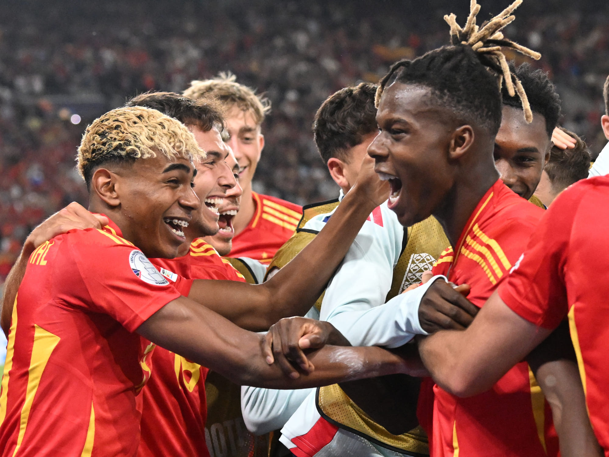 Spanish players, including Lamine Yamal (left) and Nico Williams celebrate scoring the team's fourth goal during the UEFA Nations League semi-final football match against France in Stuttgart, Germany, on June 5, 2025.