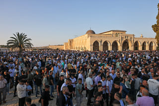 Muslims gather at the Al-Aqsa Mosque compound on the first day of the Eid Al Adha festival, which marks the end of the hajj pilgrimage to Mecca
