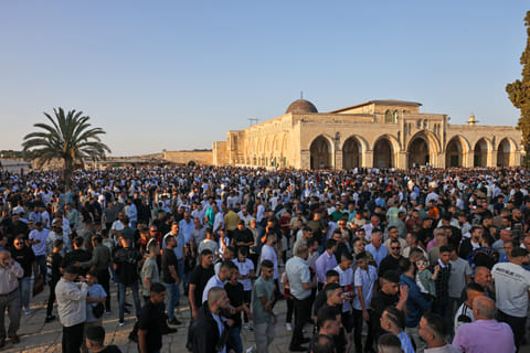 Muslims gather at the Al-Aqsa Mosque compound on the first day of the Eid Al Adha festival, which marks the end of the hajj pilgrimage to Mecca