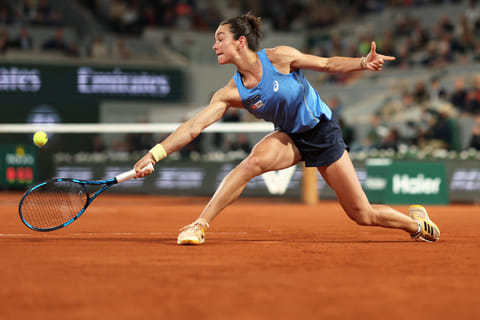 France's Lois Boisson plays a backhand return to US Coco Gauff during their women's singles semi-final of the French Open tennis at the Roland-Garros Complex in Paris on June 5, 2025. Gauff won and entered the final. 