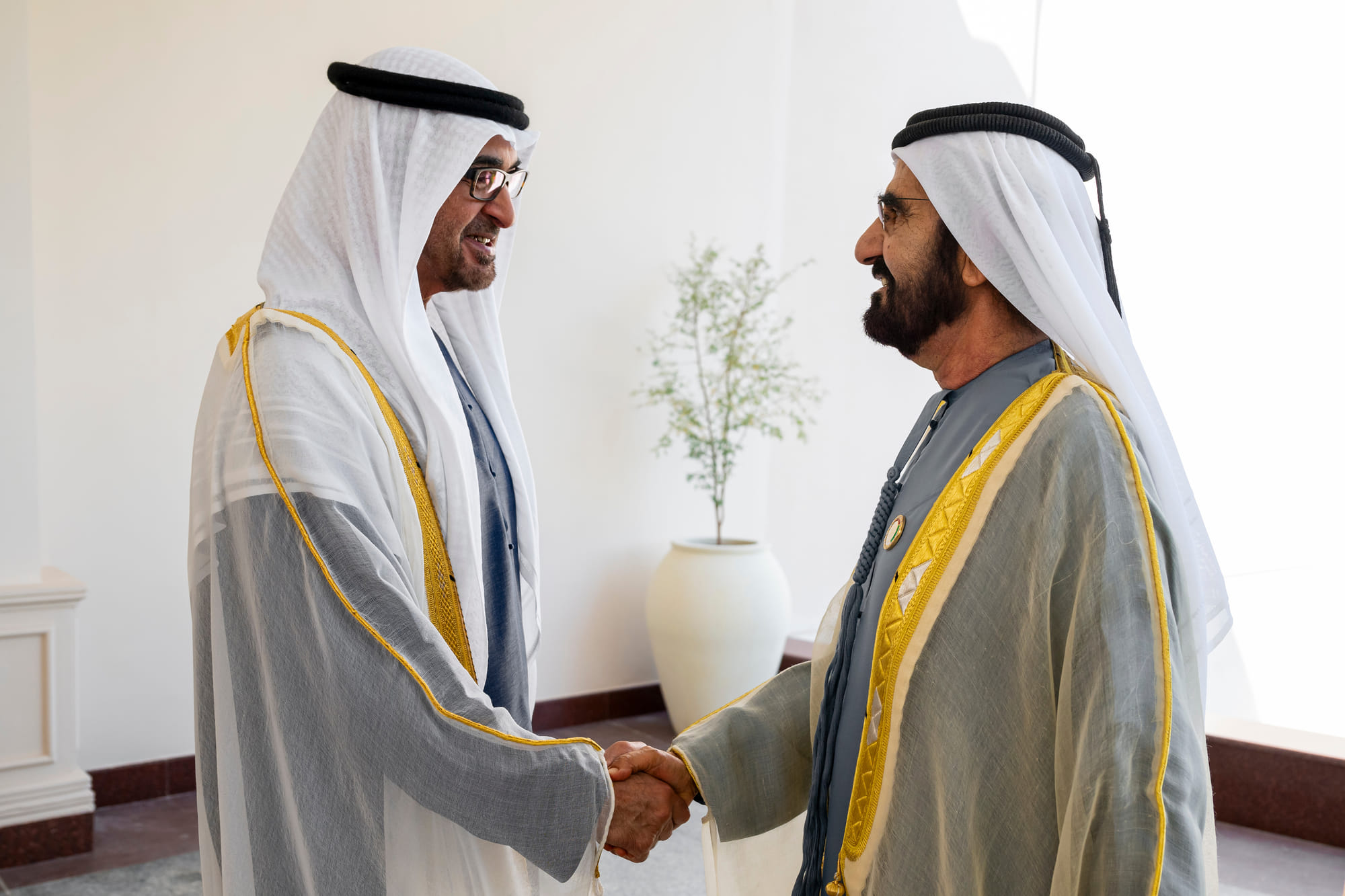 President His Highness Sheikh Mohamed bin Zayed Al Nahyan with His Highness Sheikh Mohammed bin Rashid Al Maktoum, Vice President, Prime Minister, and Ruler of Dubai on the occasion of Eid Al Adha.