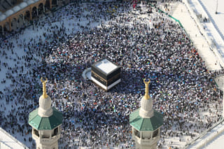 This aerial view shows Muslims visiting the Grand Mosque in the Saudi holy city of Mecca on June 8, 2025, at the end of the annual Hajj pilgrimage.