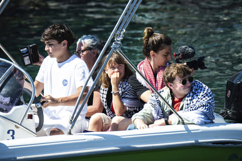 Climate activist Greta Thunberg, centre, waits to board the Madleen boat, before setting sail for Gaza along with activists of the Freedom Flotilla Coalition, departing from the Sicilian port of Catania, Italy, Sunday, June 1, 2025.  