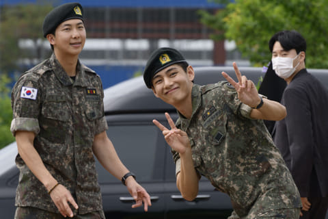 BTS' RM and V return from military service in style. 