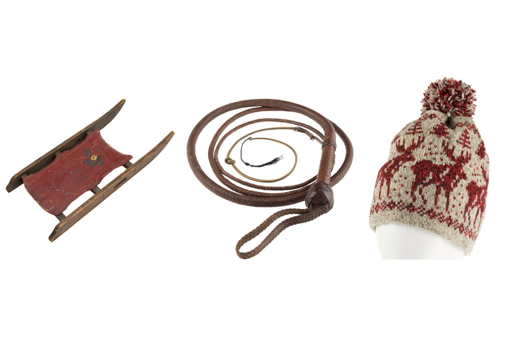 This combination of images shows the Rosebud sled from the film “Citizen Kane," left, a whip wielded by Harrison Ford in “Indiana Jones and the Last Crusade," center, and the knit hat worn by Macaulay Culkin in the film "Home Alone." (Heritage Auctions via AP)