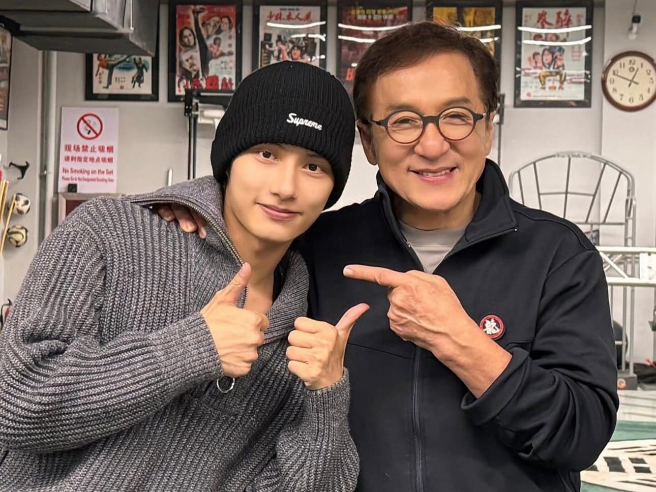 Jun and Jackie Chan on the sets of their movie, 'The Shadow's Edge'