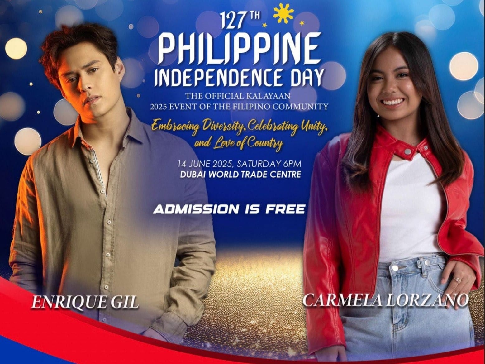 Catch the stars live! Meet Enrique Gil, one of the Philippines’ ultimate heartthrobs, and Carmela Lorzano, the “Vocal Sweetheart” herself — LIVE at Dubai World Trade Centre for the biggest Philippine Independence Day celebration in the UAE!