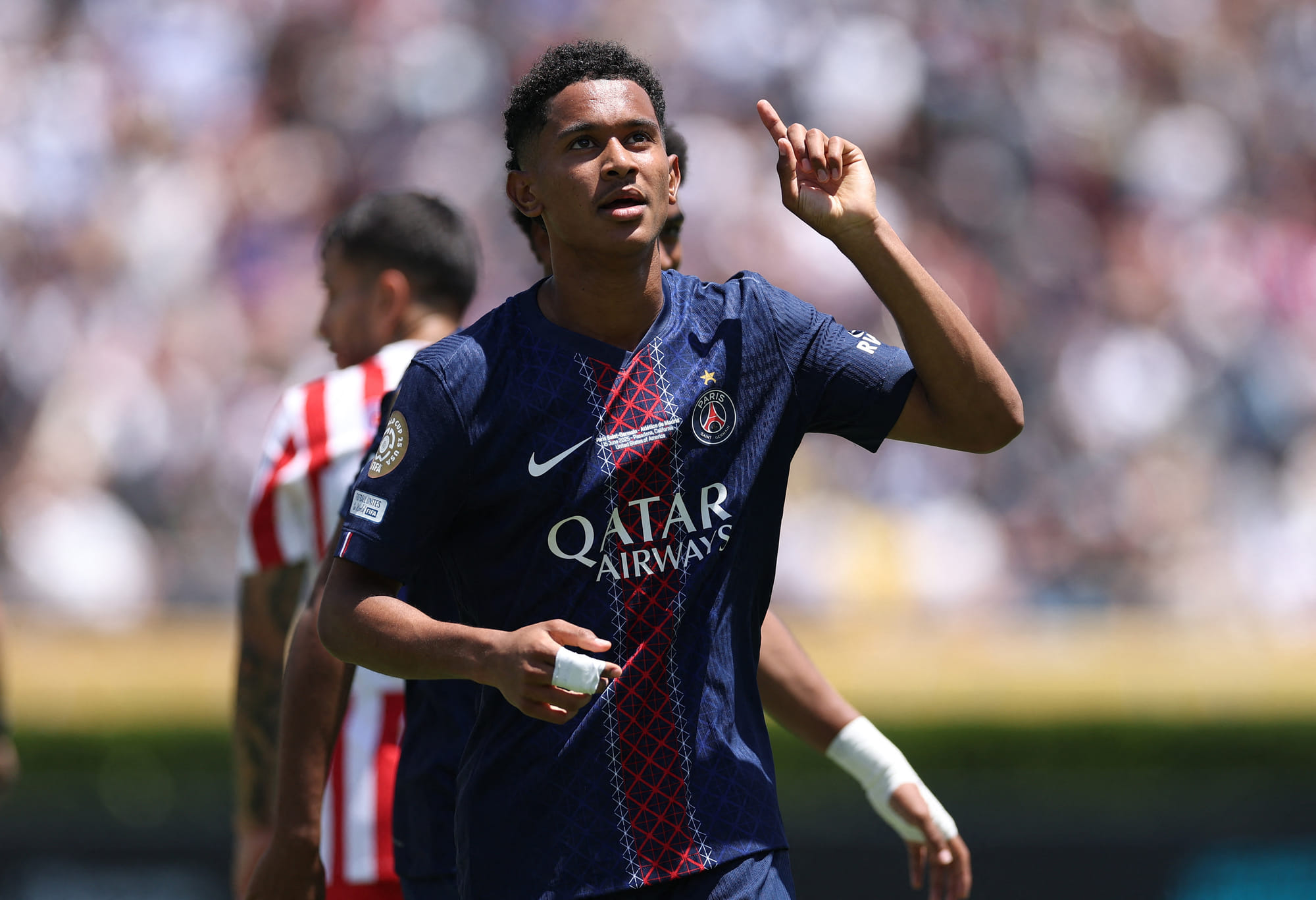 Senny Mayulu of PSG celebrates after scoring the third goal during the Fifa Club World Cup 2025 group B match against Club Atletico de Madrid at Rose Bowl Stadium on June 15.