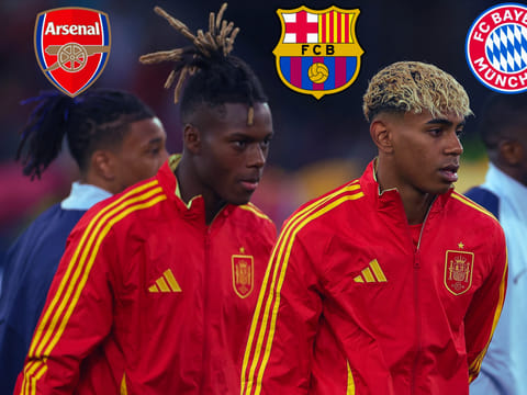 Nico Williams (left) and Lamine Yamal in Spanish colours for the Euros. Williams has become a hot property in the transfer market. 