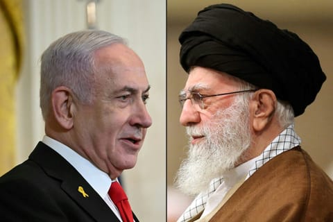 This combination of pictures created on June 18, 2025 shows (L to R) Israel's Prime Minister Benjamin Netanyahu speaking during a press conference with the US President at the White House in Washington, DC, on February 4, 2025; and a handout picture provided by the office of Iran's Supreme Leader Ayatollah Ali Khamenei on December 11, 2024 showing him addressing supporters in Tehran.