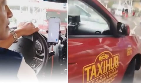 Screengrabs from the viral video show the taxi driver during the overcharging incident (left) and the red Taxi Hub unit involved (right), captured outside NAIA Terminal 3.